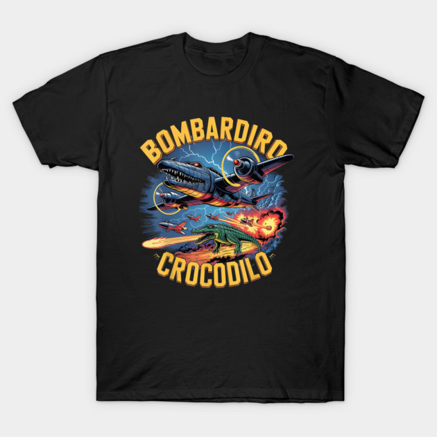 Black graphic t-shirt featuring colorful vintage airplane and crocodile design, perfect for casual wear.
