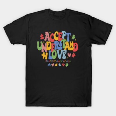 Black autism awareness t-shirt with colorful "Accept Understand Love" text and puzzle design, promoting inclusivity.