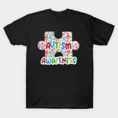 Black Autism Awareness T-shirt with colorful puzzle piece design, casual style, cotton material, unisex usage.