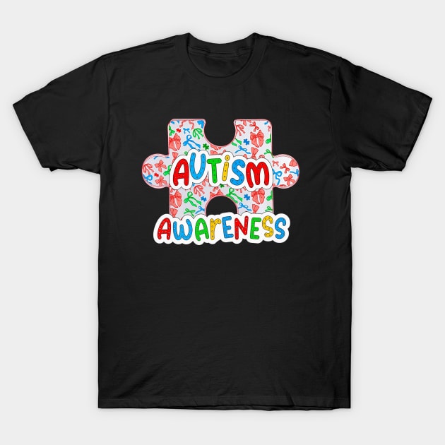 Black Autism Awareness T-shirt with colorful puzzle piece design, casual style, cotton material, unisex usage.