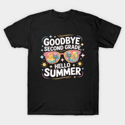 Black "Goodbye Second Grade" t-shirt with colorful summer design, casual wear, perfect for kids' end-of-year celebration.