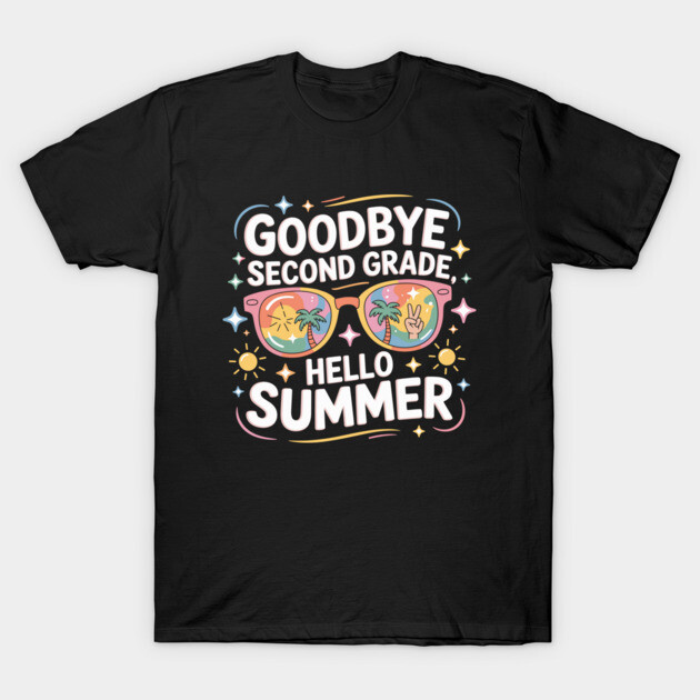 Black "Goodbye Second Grade" t-shirt with colorful summer design, casual wear, perfect for kids' end-of-year celebration.