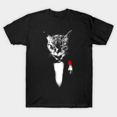 Black t-shirt featuring a tuxedo cat graphic with a red rose, perfect for casual wear and cat lovers. Cotton material.
