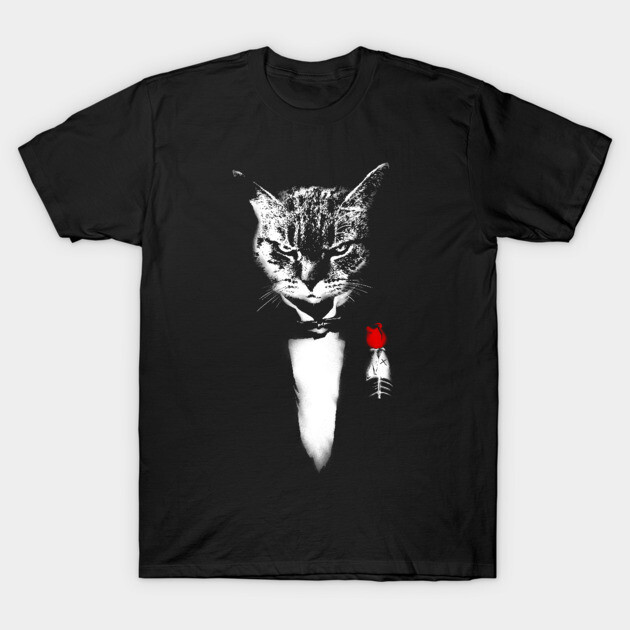 Black t-shirt featuring a tuxedo cat graphic with a red rose, perfect for casual wear and cat lovers. Cotton material.
