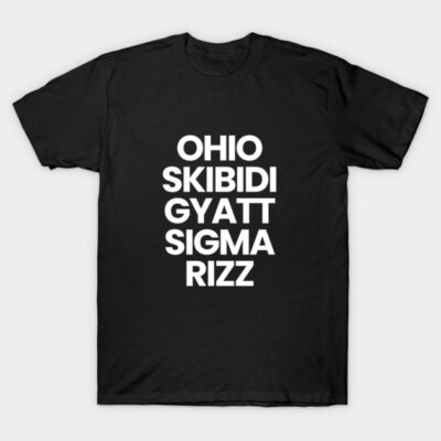 Black T-shirt with bold white text design, casual style, perfect for everyday wear, made from soft cotton material.
