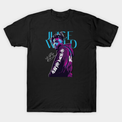 Black graphic t-shirt featuring bold design with purple and blue accents, ideal for casual wear.