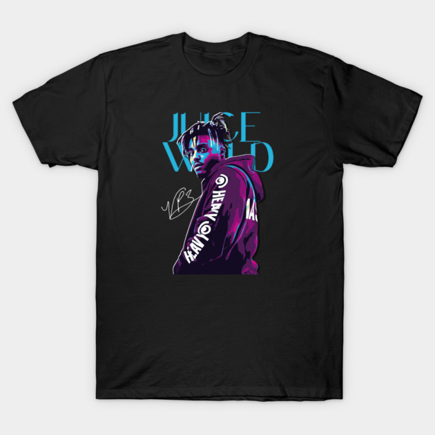 Black graphic t-shirt featuring bold design with purple and blue accents, ideal for casual wear.