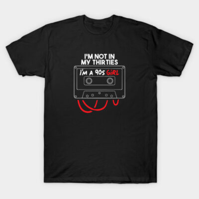 Black t-shirt with retro cassette tape design and nostalgic 90s girl slogan, casual wear for music lovers.