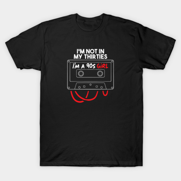 Black t-shirt with retro cassette tape design and nostalgic 90s girl slogan, casual wear for music lovers.