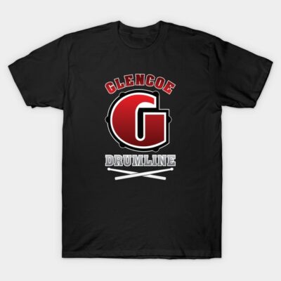 Black t-shirt with red and white "Glencoe Drumline" graphic, featuring a large 'G' and crossed drumsticks design.