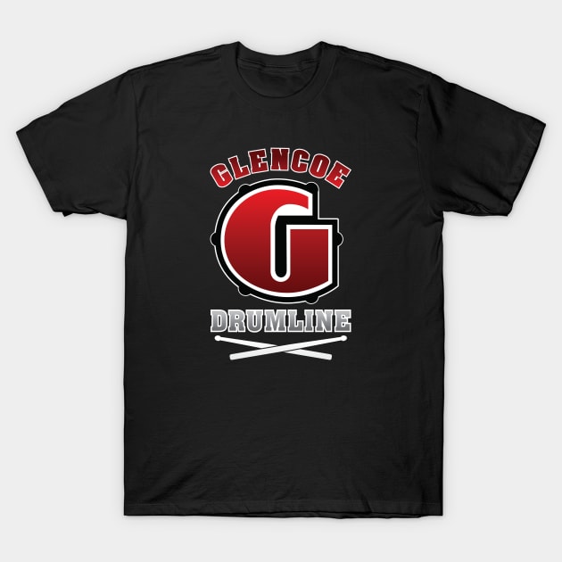 Black t-shirt with red and white "Glencoe Drumline" graphic, featuring a large 'G' and crossed drumsticks design.