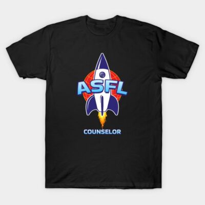 Black t-shirt with ASFL rocket design, vibrant colors, casual wear, 100% cotton, unisex style.