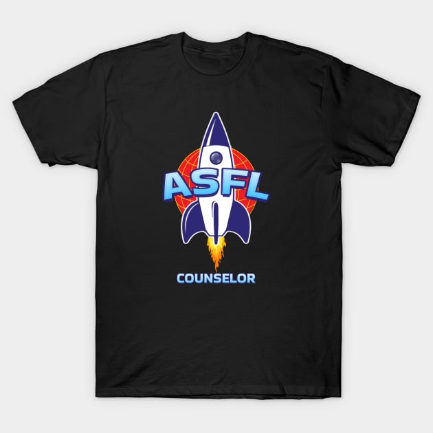Black t-shirt with ASFL rocket design, vibrant colors, casual wear, 100% cotton, unisex style.