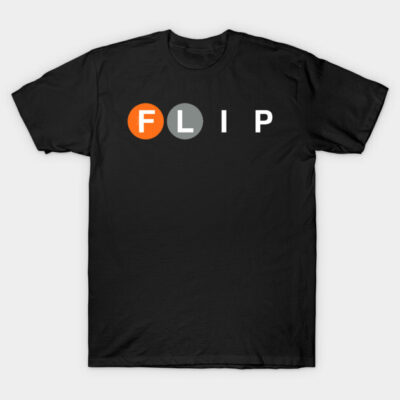 Black cotton T-shirt with bold "FLIP" text in orange, gray, and white, casual style for everyday wear.
