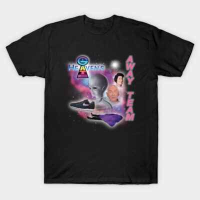 Black t-shirt featuring a colorful galaxy graphic with "Heaven's Away Team" text, ideal for casual wear.