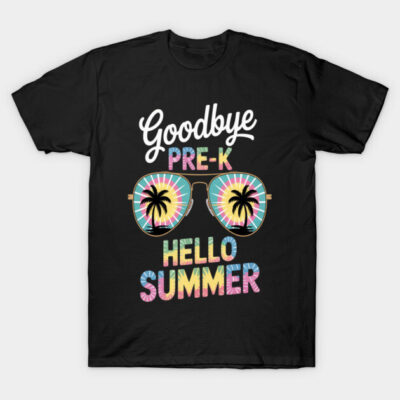 Black t-shirt with "Goodbye Pre-K Hello Summer" text, colorful sunglasses graphic, casual summer wear.