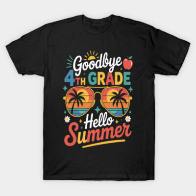Black T-shirt with colorful "Goodbye 4th Grade Hello Summer" print, featuring palm trees and sunglasses graphic.