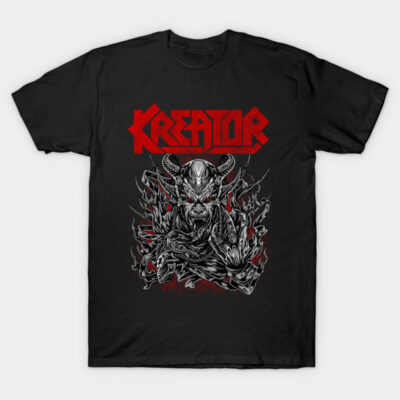 Black graphic t-shirt with red and gray demon illustration, featuring bold text design, made of 100% cotton.