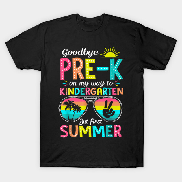 Black t-shirt with colorful "Goodbye Pre-K" design featuring sunglasses and summer theme, perfect for kids.