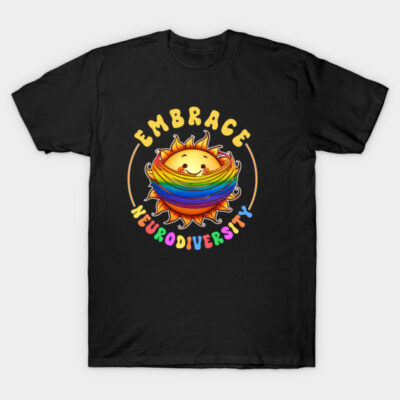 Black t-shirt with colorful sun and rainbow design, featuring "Embrace Neurodiversity" text. Cotton, casual wear.