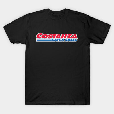 Black "Costanza Latex Sales" novelty t-shirt, featuring bold red and blue text, casual style, cotton material.