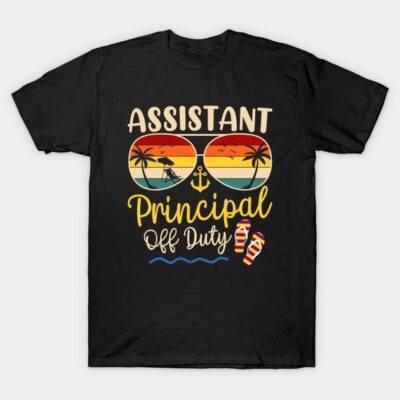 Black T-shirt with "Assistant Principal Off Duty" text, tropical sunset sunglasses graphic, casual summer wear.
