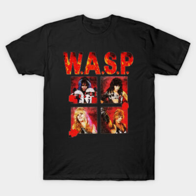 Black graphic t-shirt featuring W.A.S.P. band logo and colorful portraits, perfect for rock music fans and casual wear.