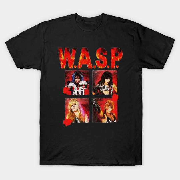 Black graphic t-shirt featuring W.A.S.P. band logo and colorful portraits, perfect for rock music fans and casual wear.