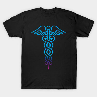 Black T-shirt with blue and purple caduceus design, medical symbol, casual wear, unisex cotton fabric.