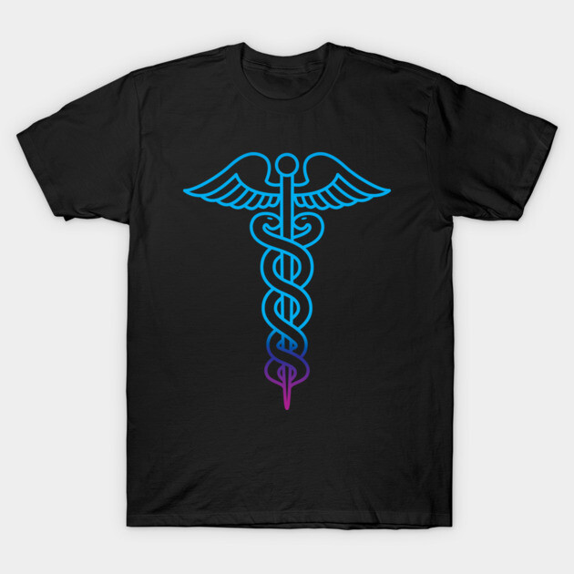 Black T-shirt with blue and purple caduceus design, medical symbol, casual wear, unisex cotton fabric.