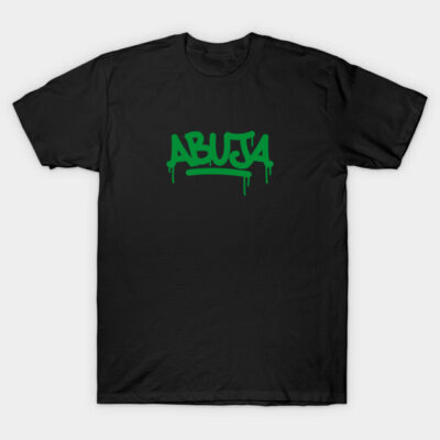 "Black t-shirt with green 'Abuja' graffiti design, casual style, perfect for everyday wear, made from soft cotton fabric."