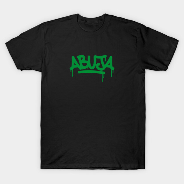 "Black t-shirt with green 'Abuja' graffiti design, casual style, perfect for everyday wear, made from soft cotton fabric."