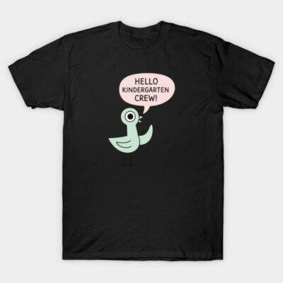Black t-shirt with cartoon bird design saying "Hello Kindergarten Crew," perfect for casual wear, cotton material.