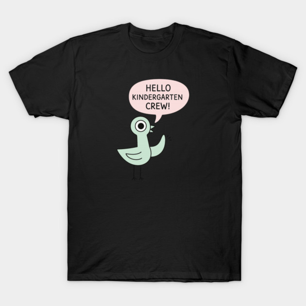Black t-shirt with cartoon bird design saying "Hello Kindergarten Crew," perfect for casual wear, cotton material.
