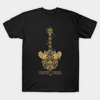 Black t-shirt with gold guitar and wings design, stars detail, and "Country Strong" text, perfect for music lovers.