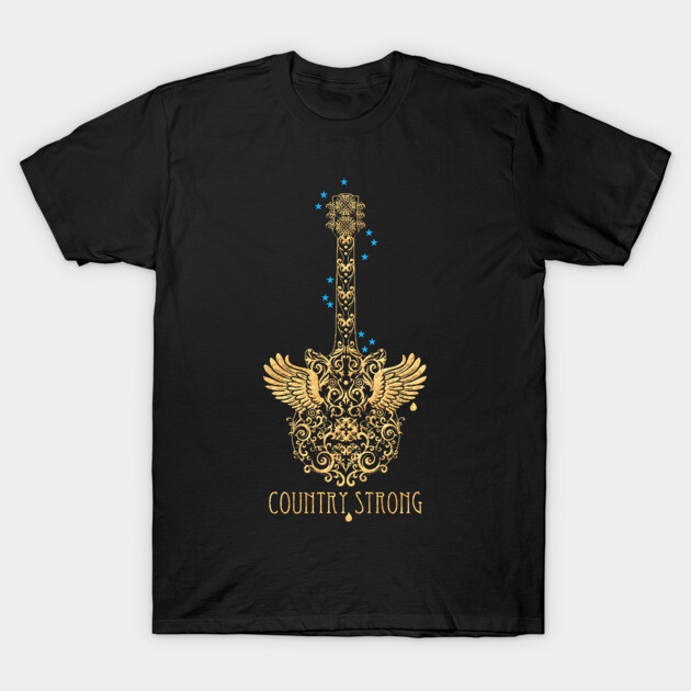 Black t-shirt with gold guitar and wings design, stars detail, and "Country Strong" text, perfect for music lovers.