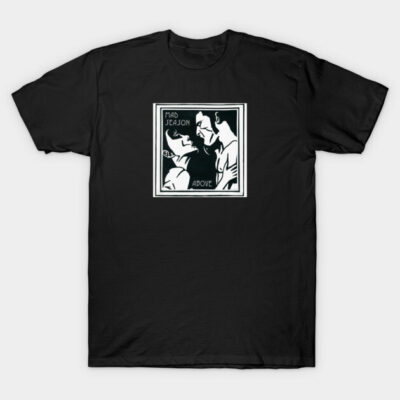 Black graphic t-shirt with monochrome artwork, casual style, cotton material, perfect for everyday wear.