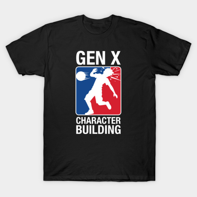 Black "Gen X Character Building" t-shirt with bold graphic print, casual style, cotton material, unisex design.