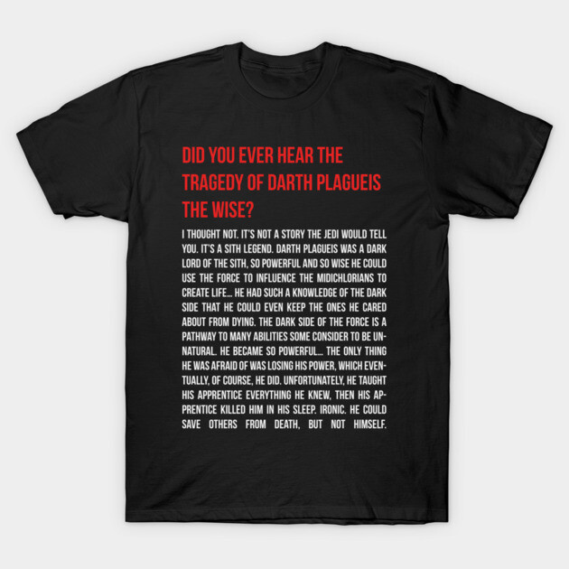 Black t-shirt featuring red and white text with unique design, ideal for casual wear. Cotton material for comfort.