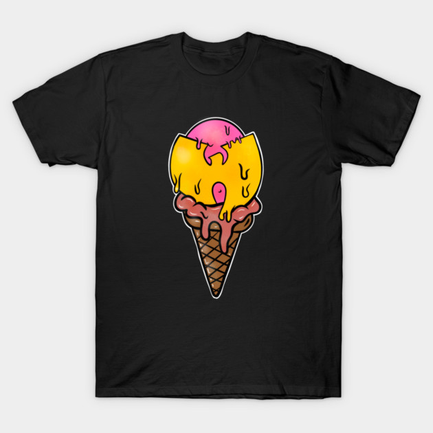 Black t-shirt with colorful ice cream cone graphic, featuring pink, yellow, and brown design. Casual and trendy style.