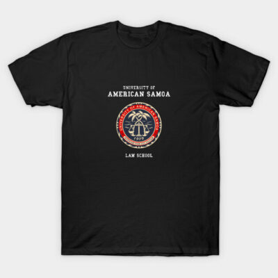 Black "University of American Samoa Law School" T-shirt with logo, casual style, ideal for everyday wear.