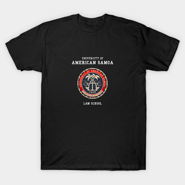 Black "University of American Samoa Law School" T-shirt with logo, casual style, ideal for everyday wear.