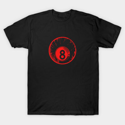 Black T-shirt featuring a red eight ball design, casual style, perfect for everyday wear, made from soft cotton material.