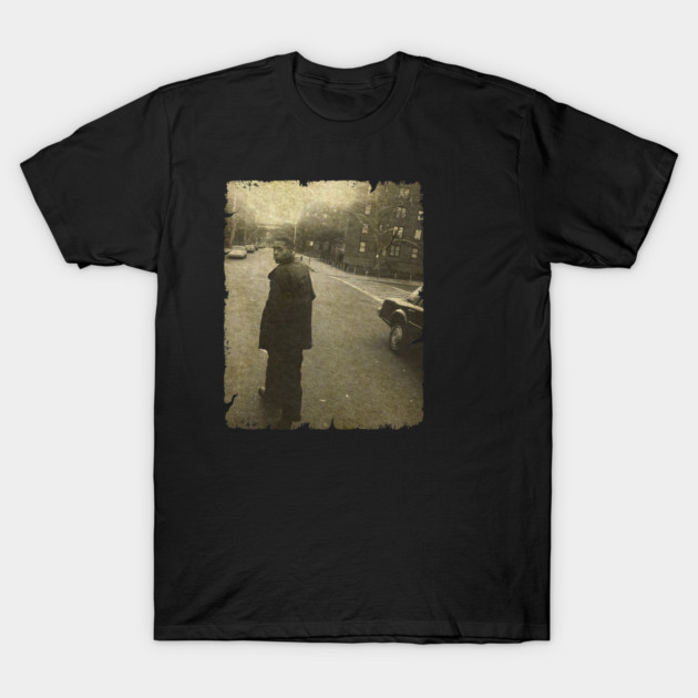 Black t-shirt featuring a vintage sepia-toned street photo for casual wear.