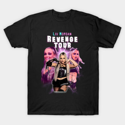 Black graphic t-shirt featuring bold "Revenge Tour" text and colorful design, perfect for casual wear.