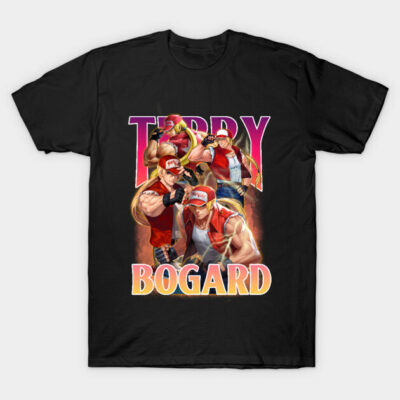 Black graphic t-shirt featuring vibrant action character design, casual wear, cotton material.