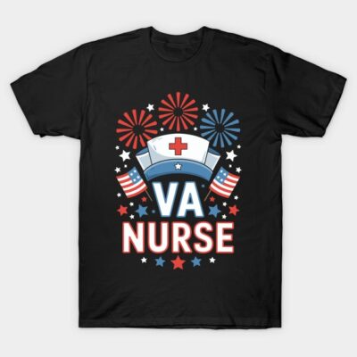 Black VA Nurse T-shirt with patriotic design featuring fireworks and flags, ideal for healthcare professionals.