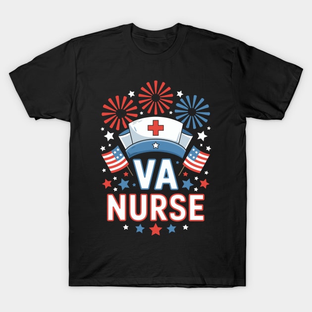 Black VA Nurse T-shirt with patriotic design featuring fireworks and flags, ideal for healthcare professionals.