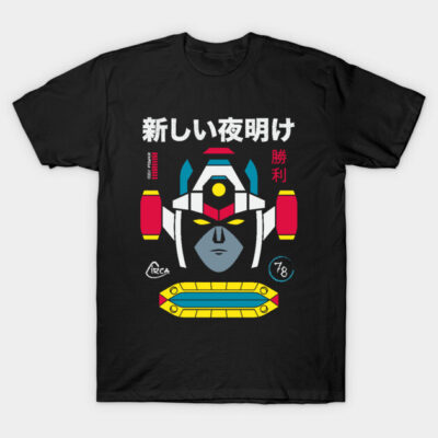 Black graphic t-shirt featuring colorful robot design with Japanese text, ideal for casual wear and fans of vibrant prints.