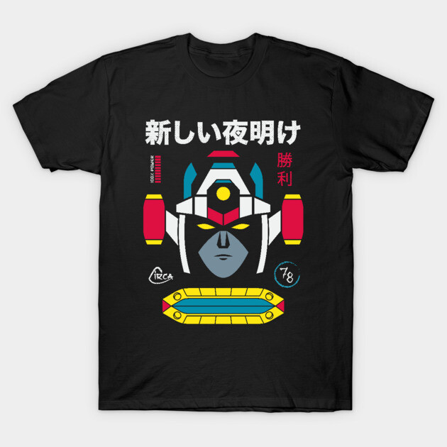Black graphic t-shirt featuring colorful robot design with Japanese text, ideal for casual wear and fans of vibrant prints.